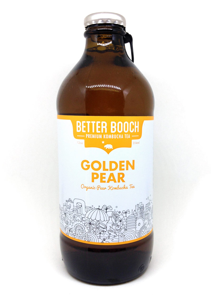 Packaging and label design for Better Booch 12oz Golden Pear kombucha; illustration by James Gulliver Hancock, 2014