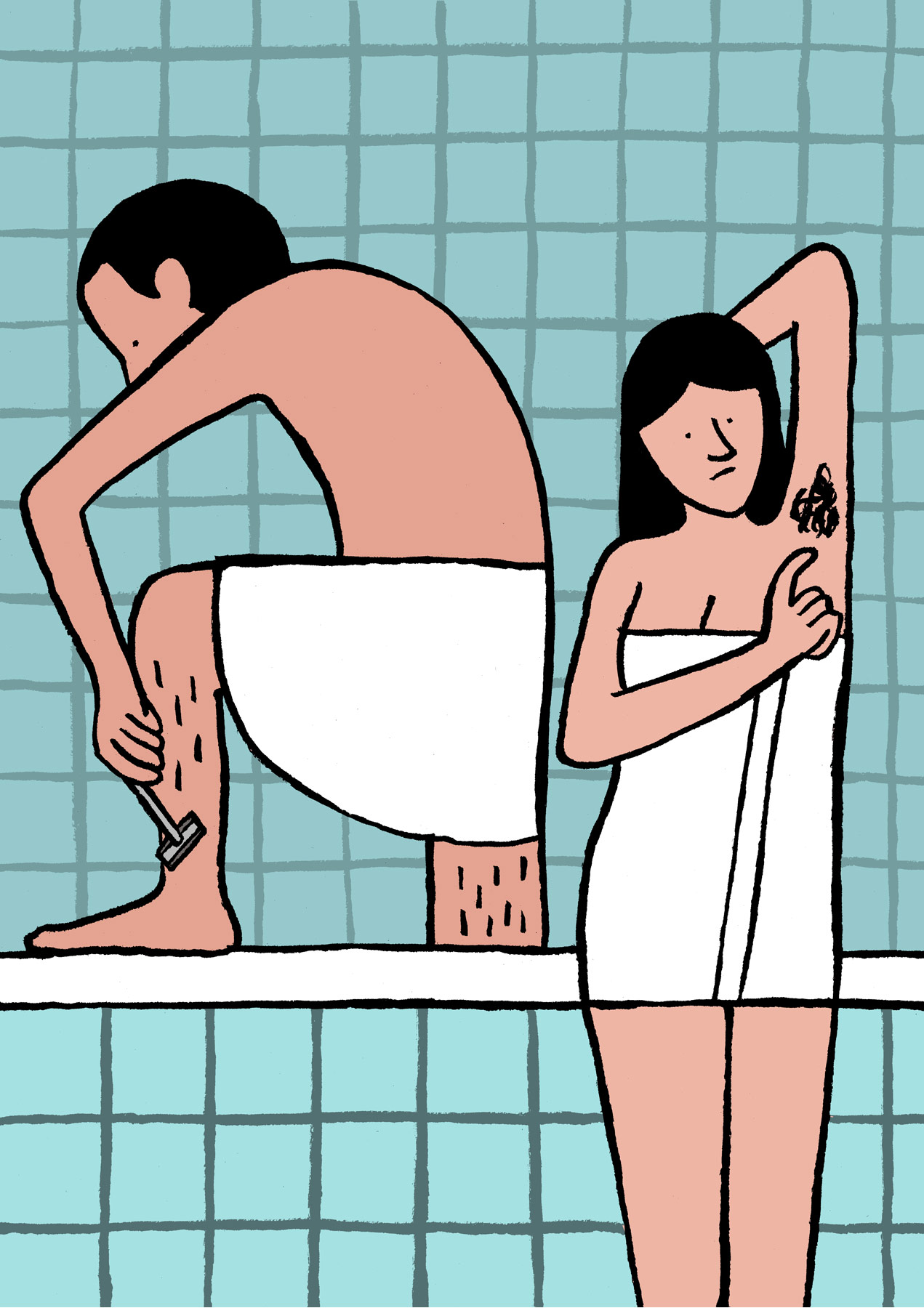 Morning Routine: A couple in a bathroom together. The woman has armpit hair and the man is shaving his legs.