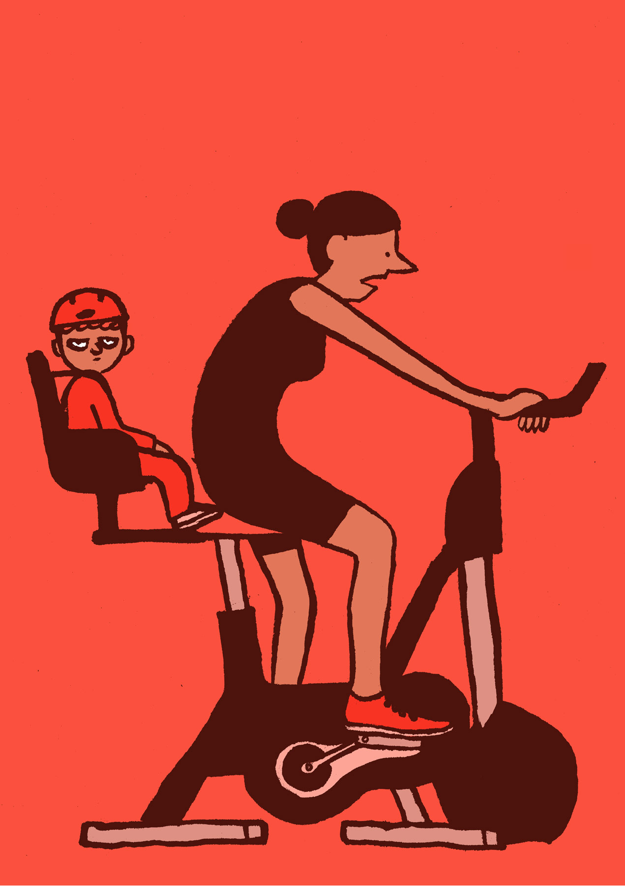 Tandem: Kid in a baby seat of a staionary bike with mother working out