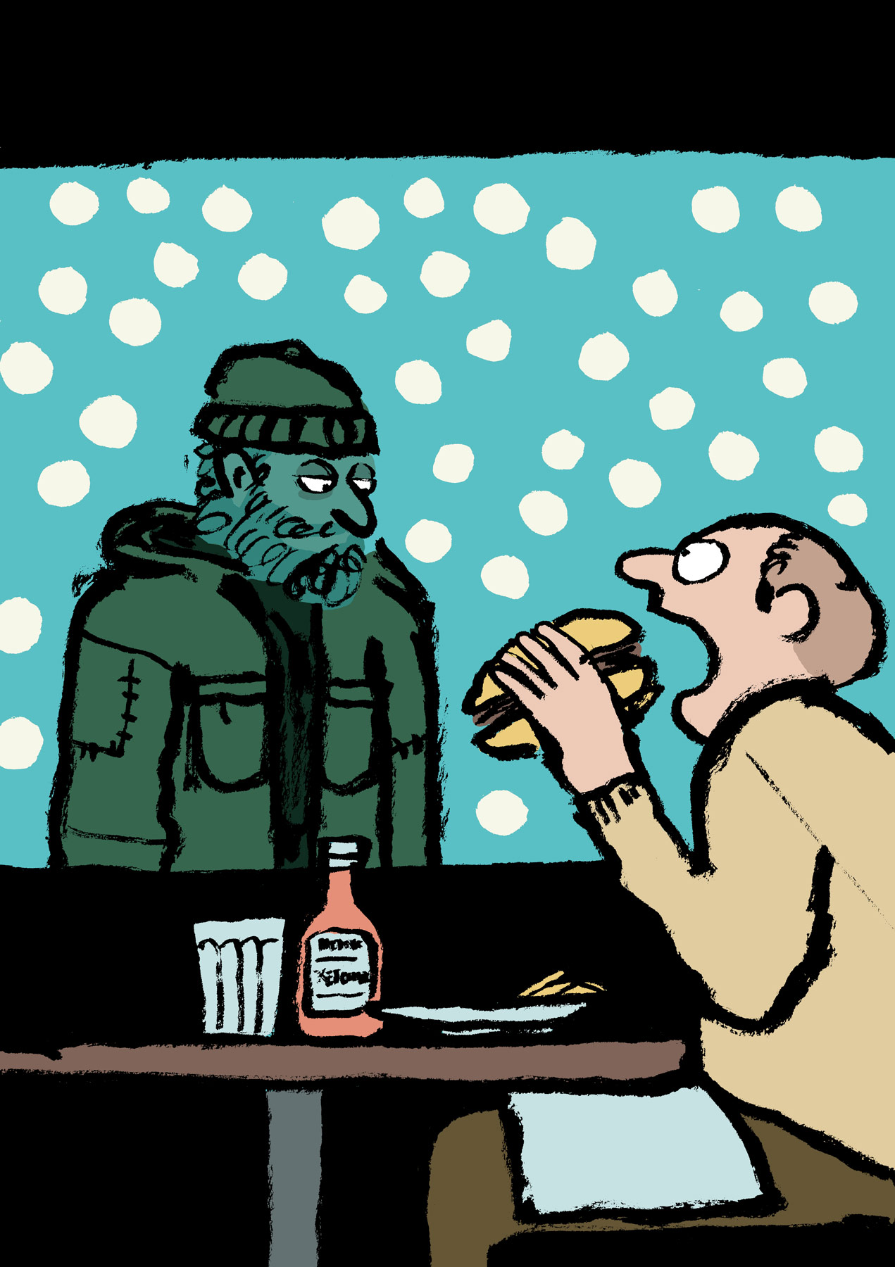 At the Diner: A man eating a burger with a homeless person looking in through the window