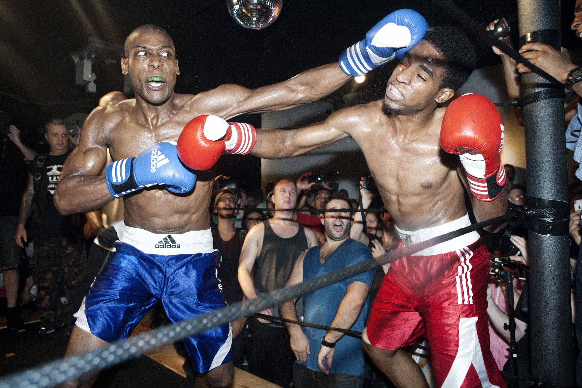 Two fighters brawl during the pre-fashion week underground fight club, Friday Night Throwdown