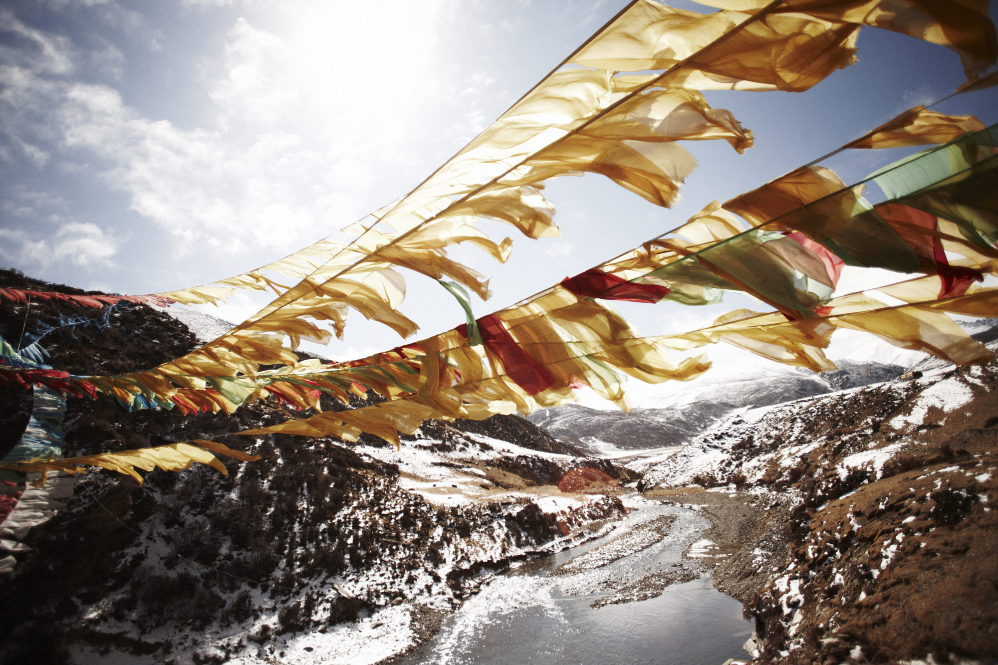 Tibet, 2011: Flags in wind with mountains in background