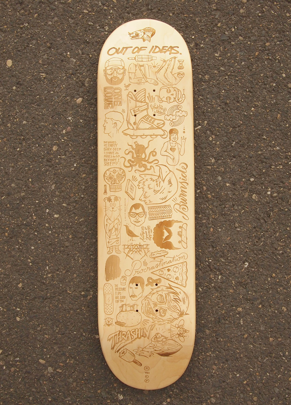 Laser-cut skateboard deck for a fundraiser gallery show that used Instagram to gather “ideas” from friends, with every idea illustrated on the board