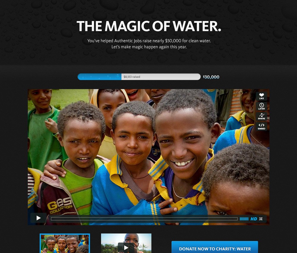 screenshot of a mini-site to promote Authentic Jobs' charity: water fundraiser