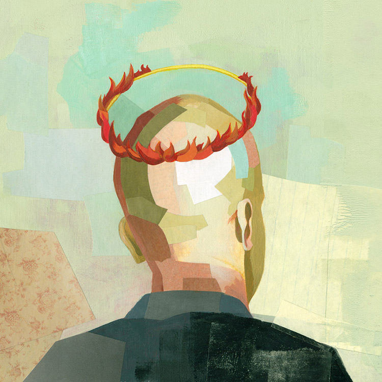 illustration of the back of a man's head with a halo