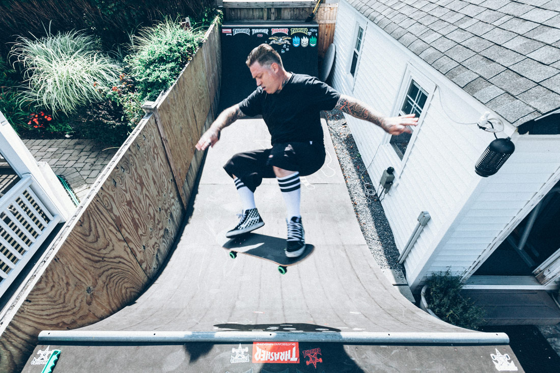 Joshua Davis skateboarding in his halfpipe