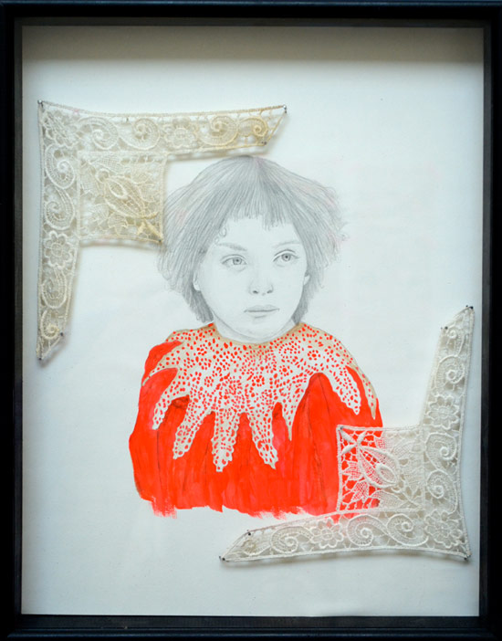Lace (graphite, gouache and vintage lace in shadowbox)