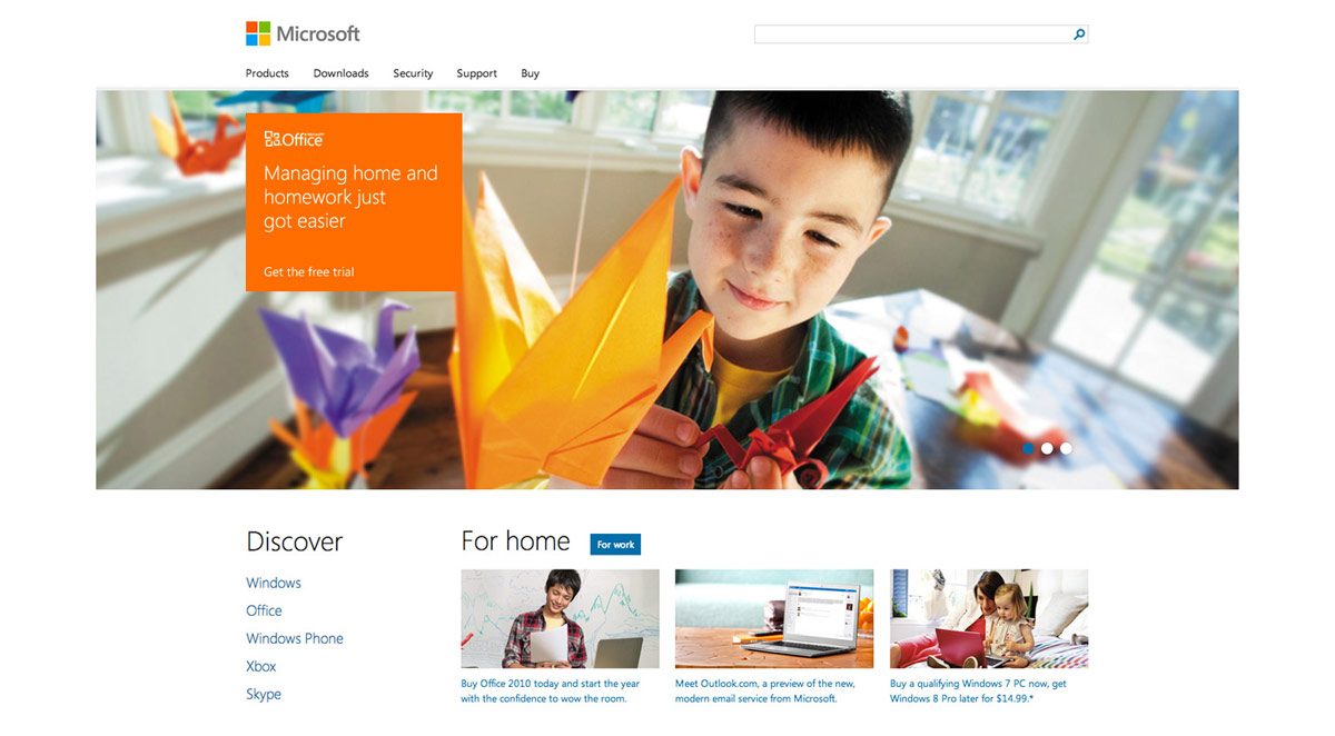 screenshot of new Microsoft.com homepage