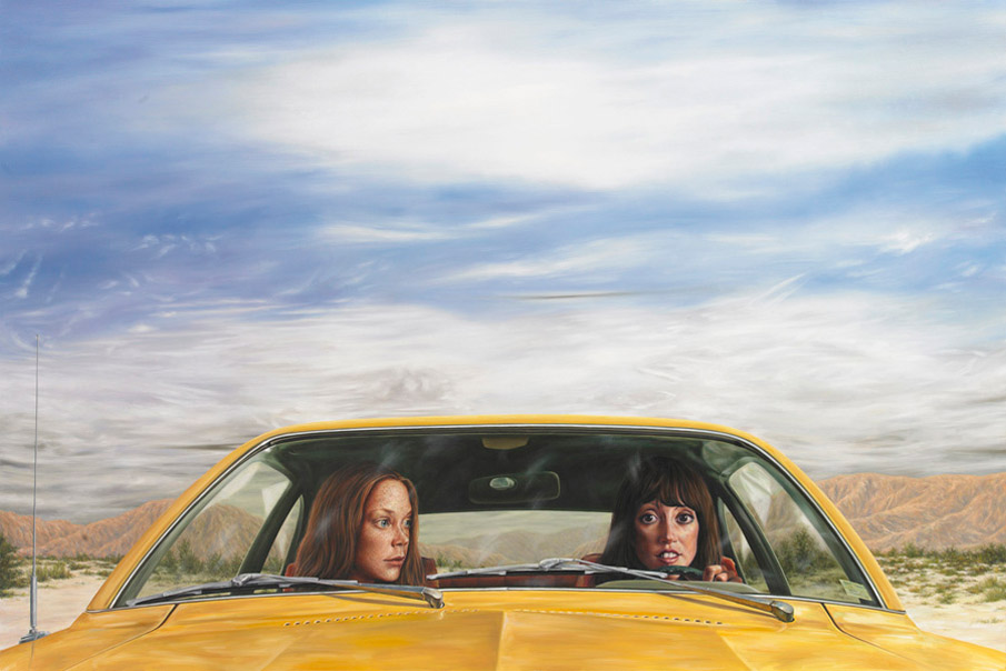 Painting: 1973 Ford Pinto with Tanguy Sky (3 Women) by Eric White