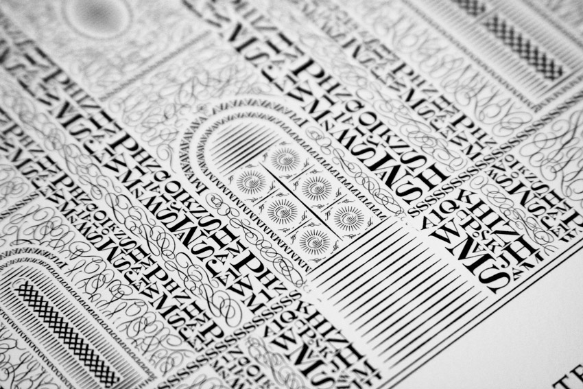Close up: poster of the Salt Lake Temple made from letters, glyphs, and swashes