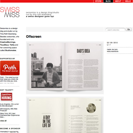 screenshot of the swissmiss website