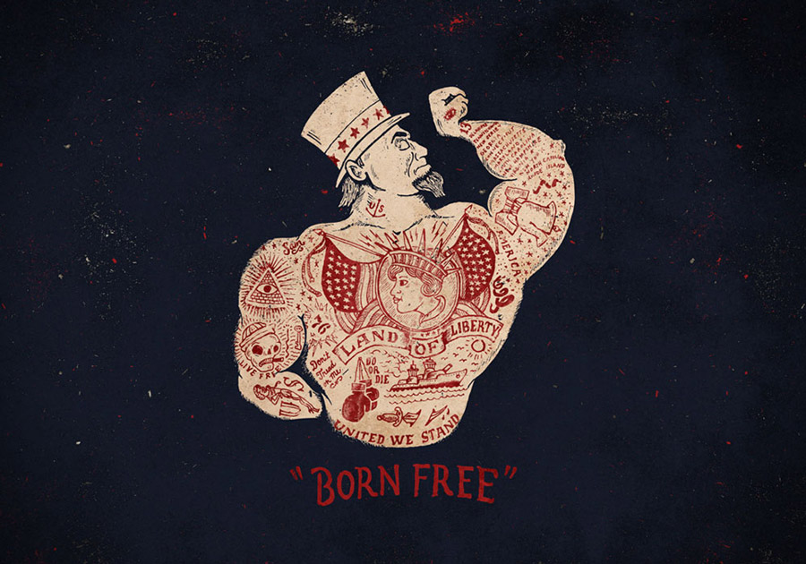 Born free: illustration of a muscly man with cool tattoos